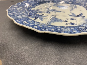 A large oval Chinese blue and white 'Romance of the Western Chamber' dish, Qianlong